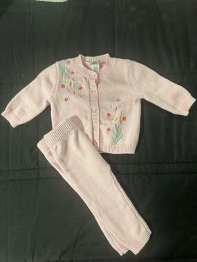 Little Me Pale Pink Knit Cardigan and Pants Set with Floral Detail